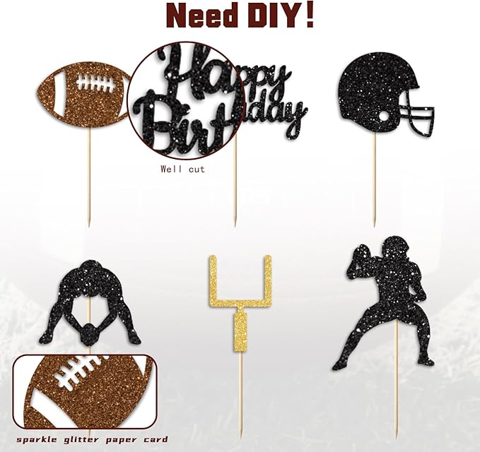 36PC Football Cupcake Toppers for Birthday,Glitter Football Cake Toppers for Boys Birthday Party Decorations Supplies