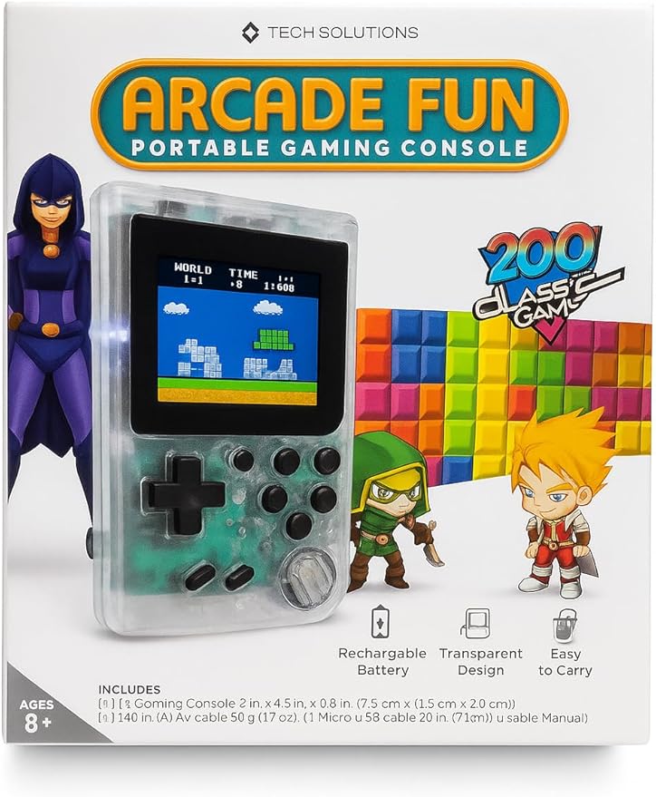 Tech Solutions Arcade Fun Portable Gaming Console, 200 Classic Games, Clear Transparent Design, Rechargeable Battery, TV Connectivity, Ages 8+, with AV and USB Cables