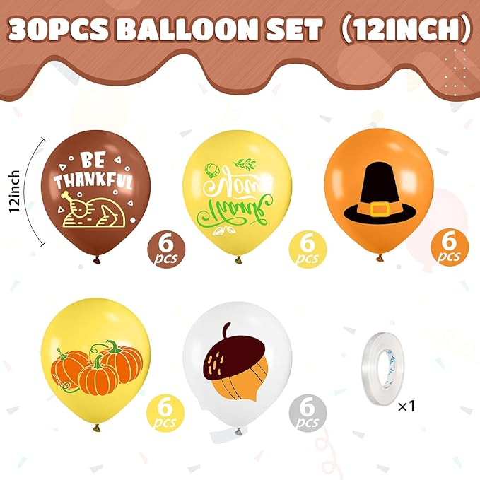 Thanksgiving Balloons, 12 Inch Brown Yellow Burnt Orange Coffee White Pumpkin Turkey Autumn Latex Balloons for Fall Thanksgiving Harvest Birthday Party Baby Shower Decorations
