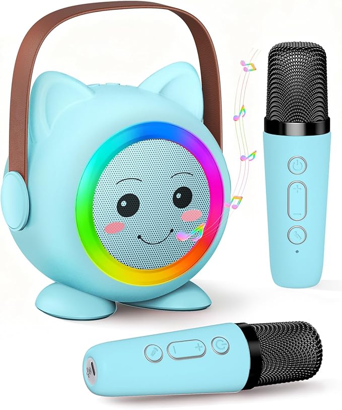 Mini Karaoke Machine Toy for Kids, Portable Karaoke Machine with 2 Wireless Microphone for 4,5,6,7,8,9,10,11,12+ Years Old Christmas Birthday Gifts Girls Boys (Blue)