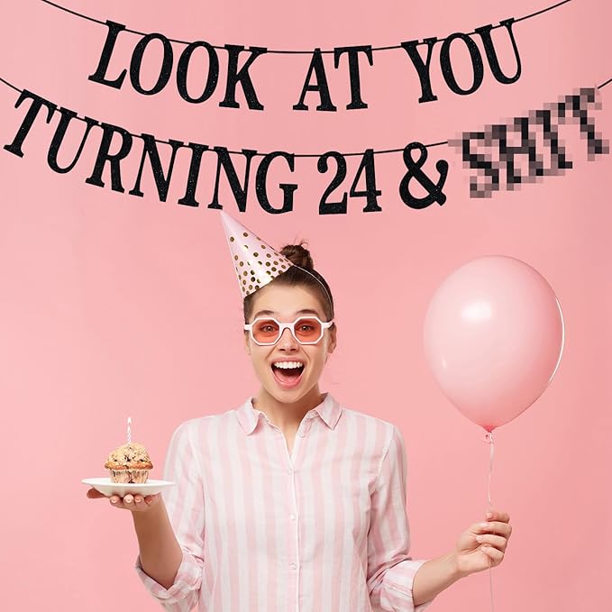 Black Glitter Look at You Turning 24 & Sh*t Banner, Happy 24th Birthday/Level 24 Unlocked/Cheers to 24 Years, Funny 24th Birthday Party Decorations Supplies