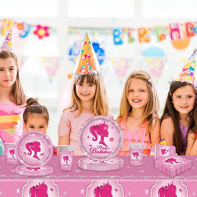 170 Pcs Girl Party Plates for Princess Pink Party Decoration, Serves 24 Guests Plates and Napkins Cup Tablecloth Dinnerware for Princess Doll Theme Girl Birthday Party Tableware (24 Guests)