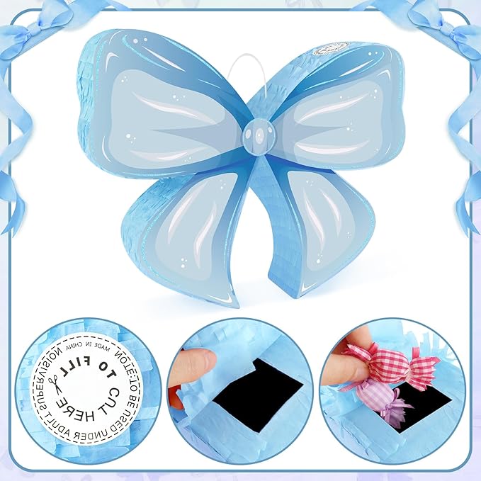 Hooqict Blue Bow Pinata with Blindfold and Bat Stick Frozen Pinata for Birthday Party Games Girls Kids Bow Themed Party Decorations Supplies (Small Size 16"x13"x3")