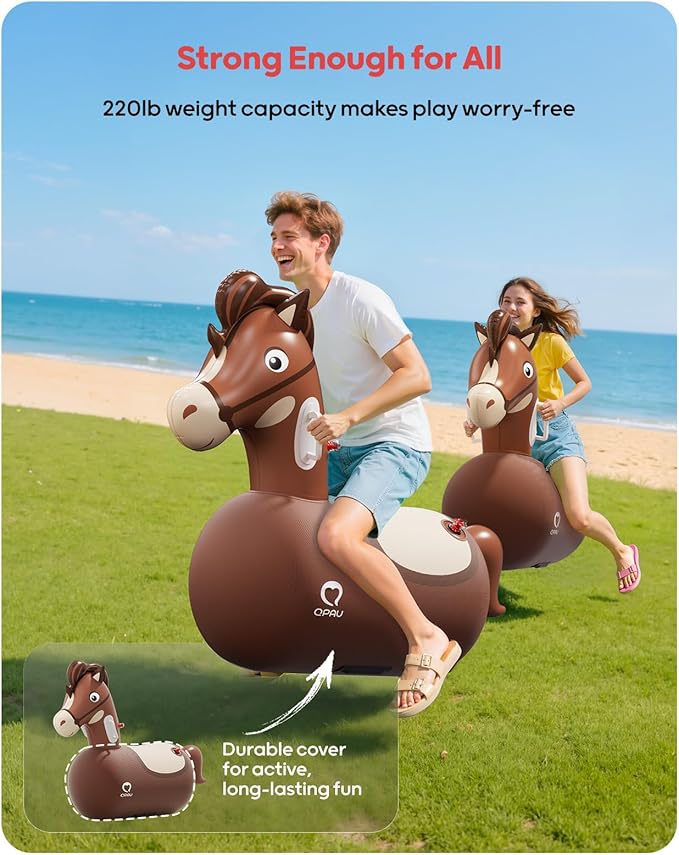 QPAU Infatable Bouncy Horse Toys with Hand Pump, Heavy Duty Giant Bouncy Pal, 220lbs Load Capacity, Ride On Bouncy Animal Hopper Toy, Indoor Outdoor Bouncers for Kids Girls Boys Ages 5+