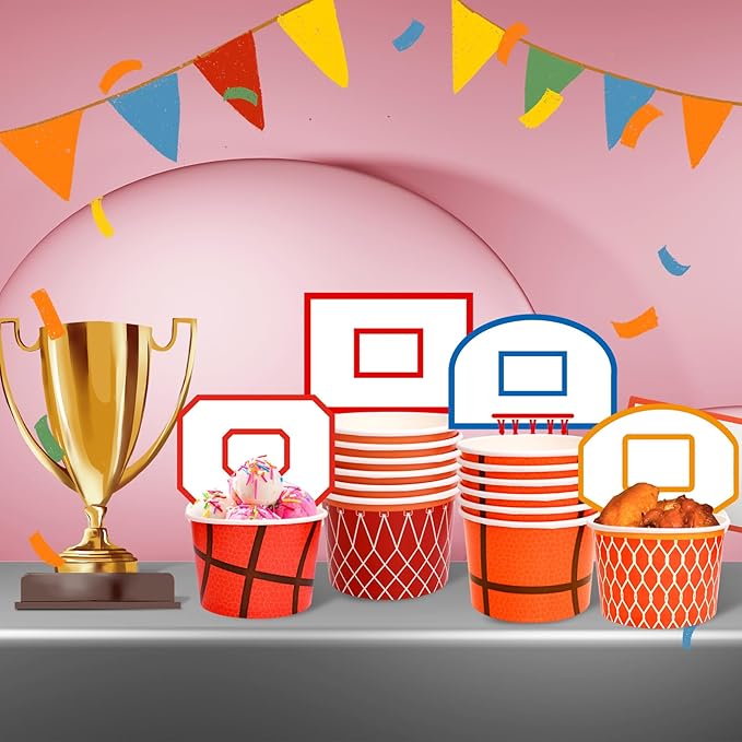 WorldBazaar Basketball Party Supplies Kids 24 Sets Basketball Hoop Snack Cups Paper Snacks Bowl Disposable Ice Cream Bowls Basketball Party Decorations