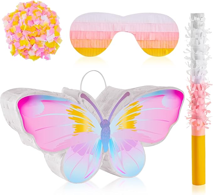 Lewtemi Butterfly Piñata Decorations with Stick Blindfold and Confetti for Birthday Fairy Woodland Theme Decorations Photo Prop Funny Anniversary