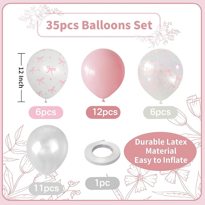 Pink Bow Balloons Light Pink and White Balloon 12inch Clear Bow Balloons Coquette Girls Birthday Party Decorations Latex Helium Balloon for Arch Bridal Shower Bachelorette Weddiing Decor