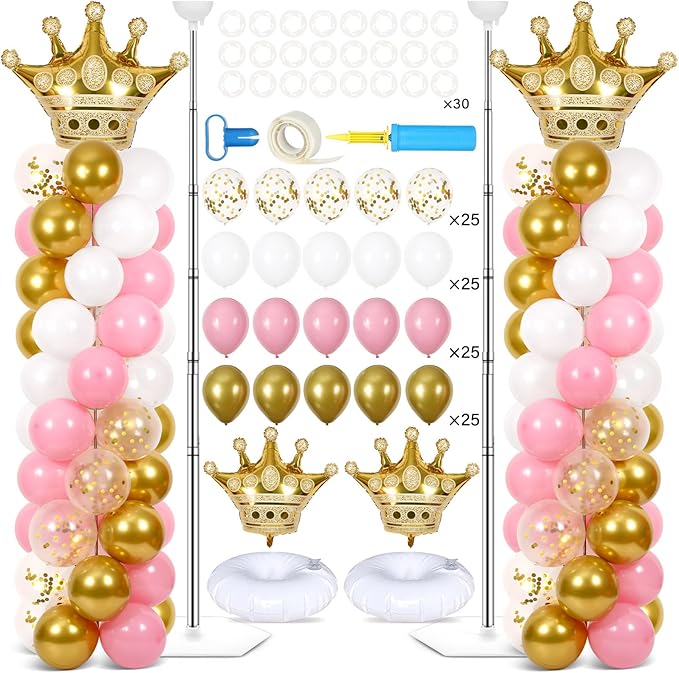 2 Sets Princess Party Balloon Column Stand Kit With 102 Crown Foil Balloons 5.57Ft Adjustable Balloon Tower Stand With Base Pink and Gold Arch Column for Girls Birthday Baby Shower Party Supplies