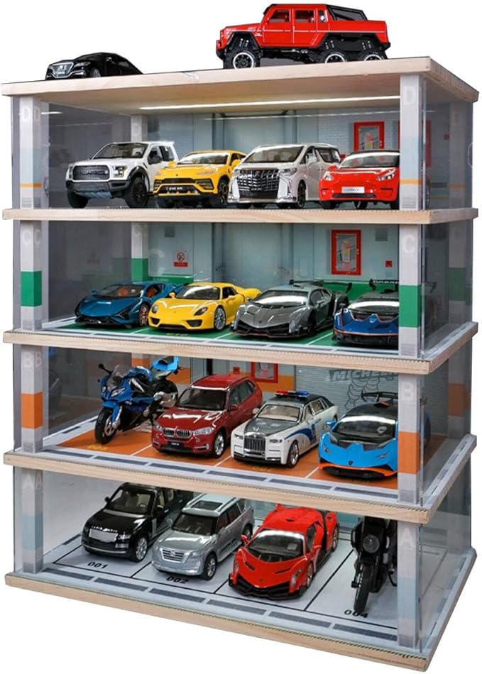 Diecast Car Model Display Case 4 Tiers 1:24 Scale,with LED Light and Acrylic Dust Cover Toys Car Model Display Stand ,Parking Lot Scene Hot Diecast Wheels Collectible Car Model Storage Cabinet