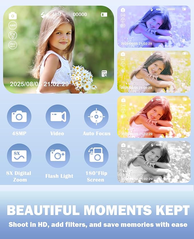 Kids Camera,4K Digital Camera for Photography,48MP 1080P HD Video Selfie Camera,with 180° Flip Screen Flash,with 32GB SD Card,for Starter Kid Children Teen Student Girl Boy(White)