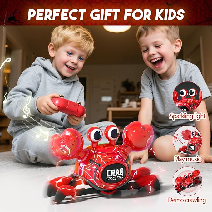Remote Control Robot Crab Toy, Rechargeable With LED Lights And Music, Fast Crawling 360-Degree Stunt Rotation, 2.4GHz RC Robot Toys, 3 4 5 6 7 8 9 10 Birthday Gifts For Boys And Girls (Red)