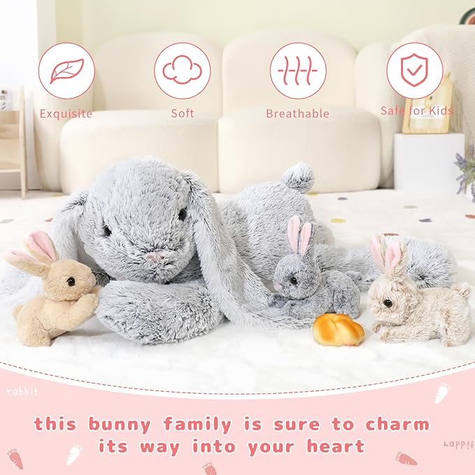 4Pcs Easter Bunny Stuffed Animal- 24" Big Stuffed Bunny Rabbit Plush Toy Gifts for Kids - Cuddly Mommy Bunny Surprise with 3 Small Bunnies Inside