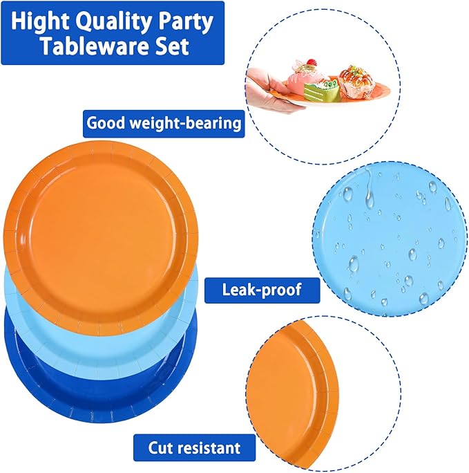 96Pcs Blue Theme Dog Birthday Party Decorations Blue Orange Dog Birthday Plates and Napkins Tableware Set Orange and Light Navy Blue Decoration for Boys Girls Cartoon Bday Party Supplies Serves 24