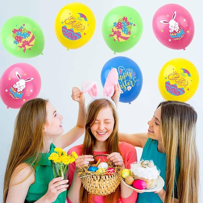 Happy Easter Balloons Bunny Eggs Balloons Green Pink Blue Yellow Party Balloon For Easter Themed Party Bunny Decorations Decor Supplies Arch Decorations Party Balloon Sets-12 Pcs