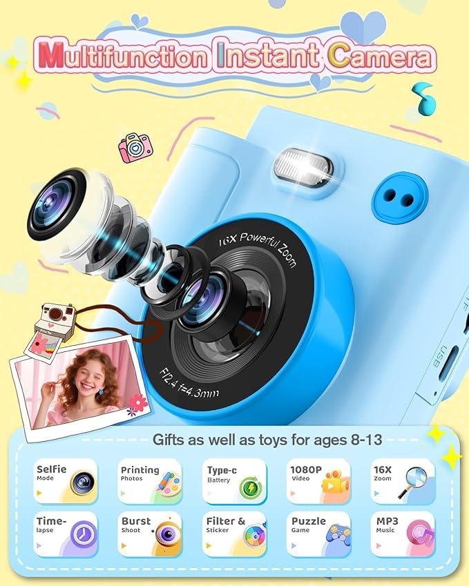 Mason & Friends Kids Instant Print Camera – 1080P HD Digital Camera for Boys & Girls Ages 3–10 | Photo, Video, Music & Games | Includes 32GB SD Card – Perfect Birthday (Blue)