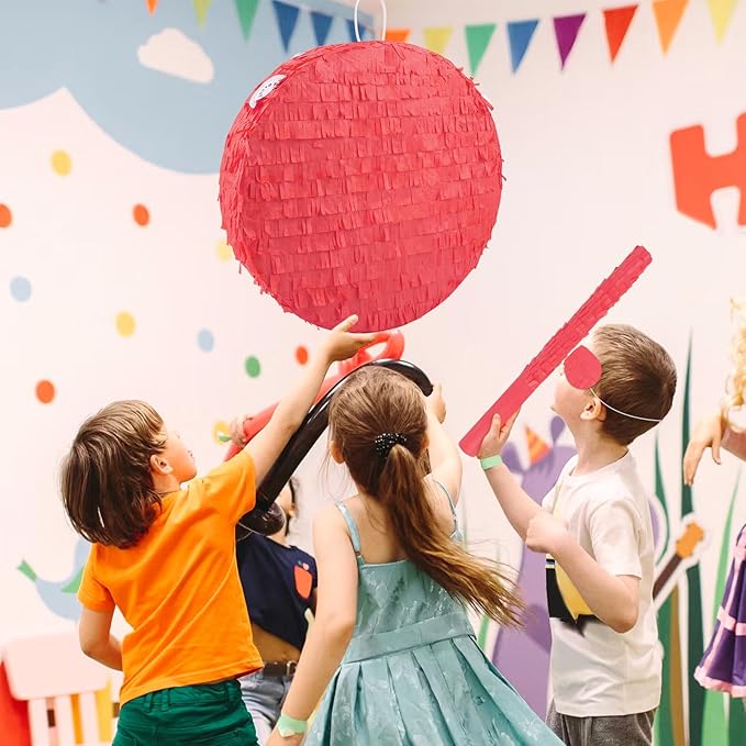 Red Round Pinata with Stick Blindfold and Confetti DIY Blank Pinata for Adults Kids Birthday Party Supplies Carnivals Thanksgiving Christmas Decorations