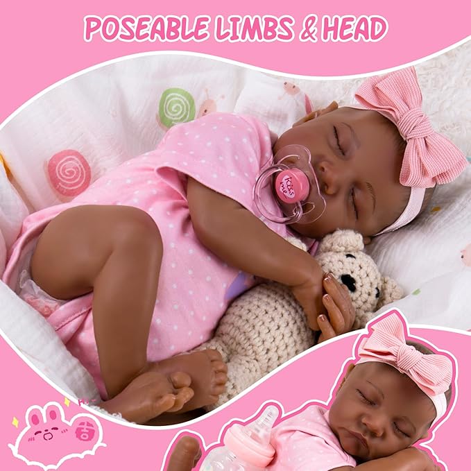 Aori Lifelike Reborn Baby Dolls Black - 18-Inch Realistic American Newborn Real Life Black Girl with Feeding Kit & Gift Box for Kids Age 3+