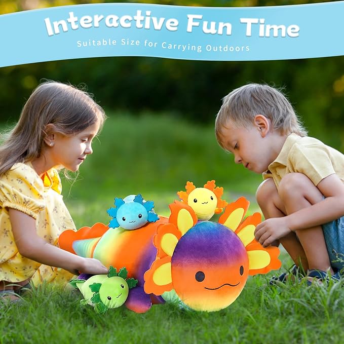 4Pcs Axolotl Plush, Giant Salamander Stuffed Animal Mommy 24 Inch with 3 Babies in Tummy, Cuddly Gifts for Kids Girls Boys