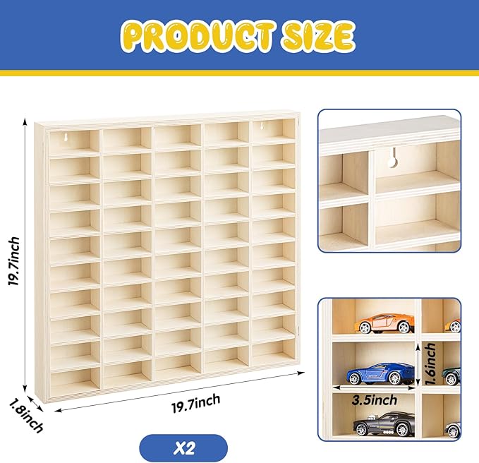 2 Pcs 50 Space Toy Cars Wheels Display Case 1: 64 Scale Model Cars Display Shelf Wooden Wall Mounted Die Cast Car Storage Rack for Gift Collectibles Toy Figurines Tiny Cabinet