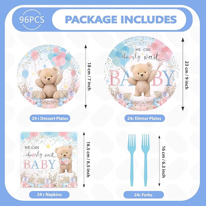 96Pcs Bear Baby Shower Party Decorations Pink Blue Boho Bear Birthday Plates and Napkins Tableware Sets for Girls Boys Baby Shower Gender Reveal Fall Wedding Birthday Holiday Party Supplies Serves 24