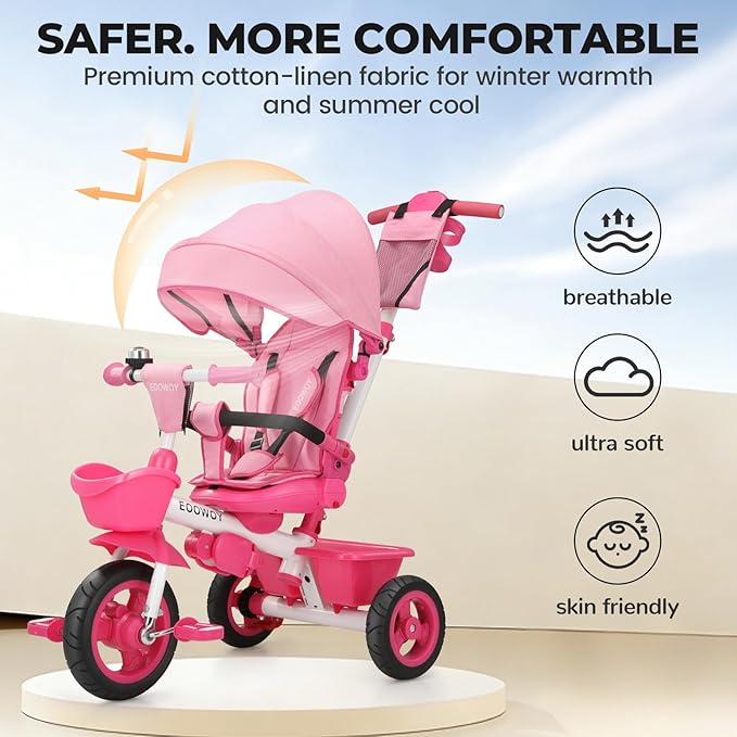 Toddler Tricycle with Push Handle, 7 in 1 Stroller Trike with 360° Swivel Seat, Reclining Backrest, All-Terrain Wheels, Dual Brakes, Canopy & Storage, Gift for Kids 18 Months to 5 Years, Pink