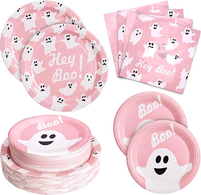 180Pcs Halloween Party Supplies Serve 60,Pink Ghost Paper Plates and Napkins Disposable Dinnerware Kit,for Trick or Treat Birthday Party Decorative