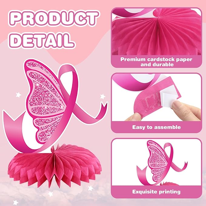 Pickmesh 12 Pieces Breast Cancer Awareness Party Decoration Honeycomb Centerpieces Breast Cancer Table Decoration Pink Ribbon Butterfly Heart Gnome Balloon Table Topper for Home Party Favors Supplies