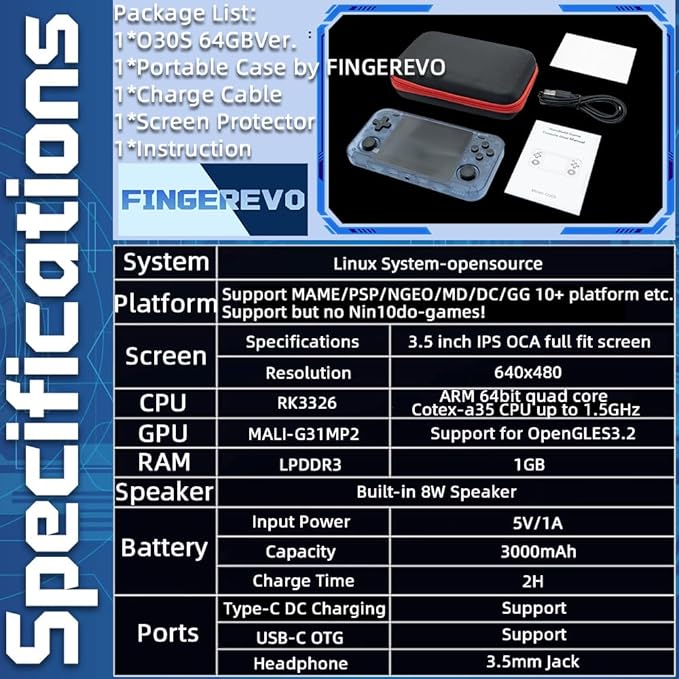 O30S Handheld Game Console 3.5-in 640*480 IPS OCA Screen 3000mAh Linux-opensource RK3326 o30s with Portable Case Transparent Blue