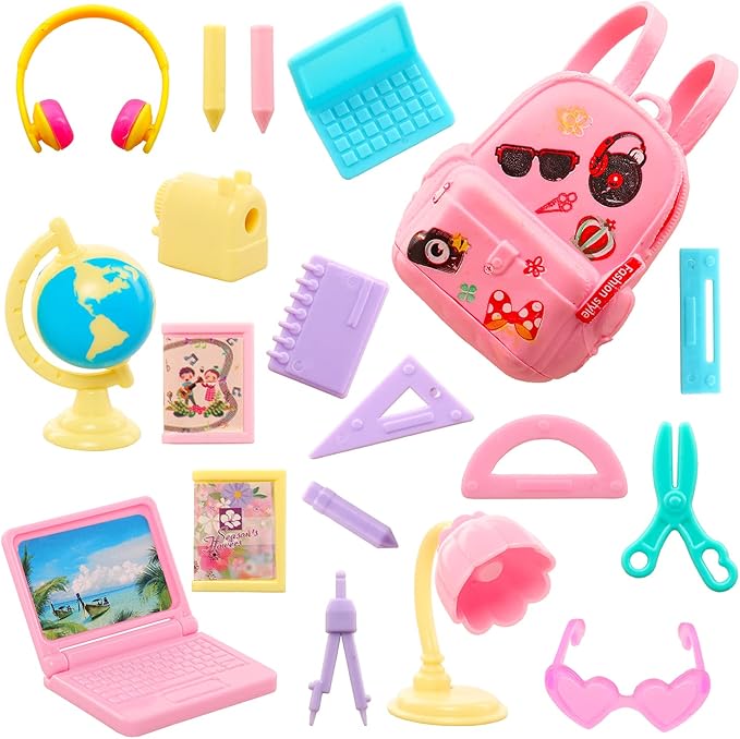 ENOCHT 19 Pcs Girl Doll School Accessories Backpack Mini Desk Lamp Laptop Mini Globe Glasses and Headset for 11.5 Inch Doll School Playset