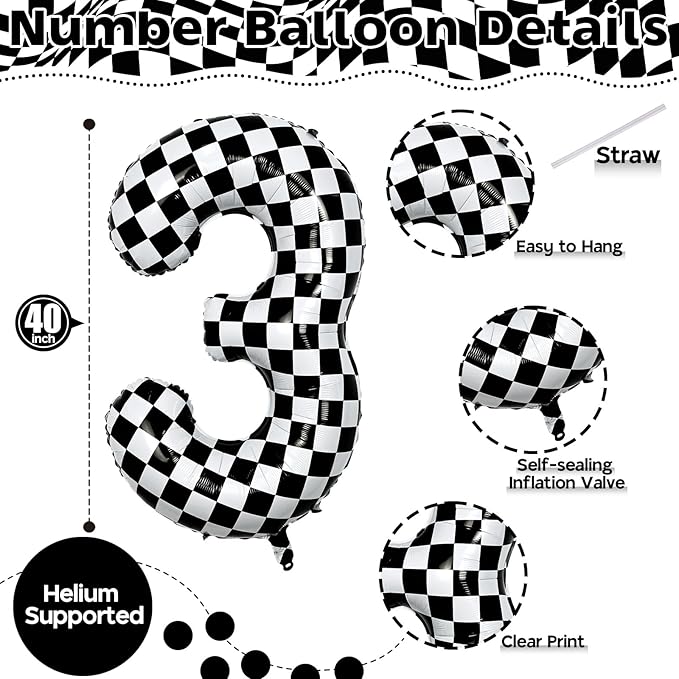3rd Birthday Number Balloons for Boys, 40 Inch Checkered Racing Foil 3 Balloons, Self Inflating Helium Black and White Big Number 3 Balloon for Kids Birthday Race Car Flag Party Decoration Supplies