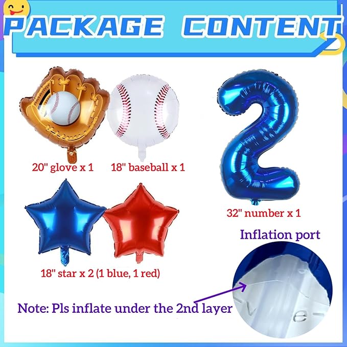 Baseball Balloons 2nd Birthday Decorations for Boys | Baseball Birthday Decoration Sports Theme Party Supplies, 32Inch Foil Mylar Number 2 Balloon Navy Blue Red White Sports Balloon Arch Kits