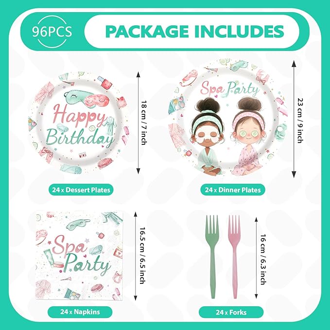 96Pcs Spa Birthday Party Supplies Slumber Sleepover Pajama Plates and Napkins Tableware Sets Pink Makeup Happy Birthday Dessert Plates Decorations Favors for Girls Baby Shower Holiday Party Serves 24