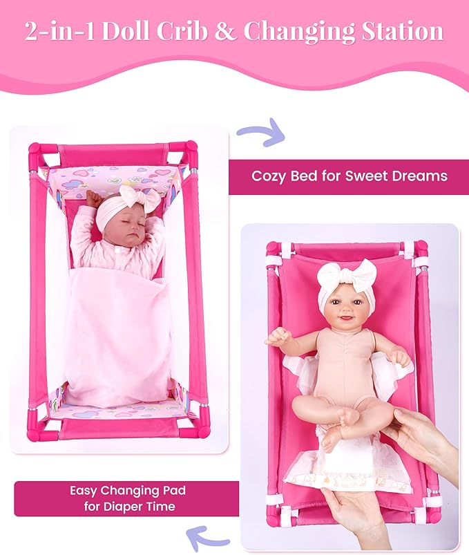 BABESIDE 7PCS Baby Doll Crib for 18'' Dolls, Baby Doll Bed with Storage Bag and Feeding Care Accessories Set , Doll Crib Doll Furniture for Girls Age 3+,Pretend Play Toy Gift for Kids Age 3+