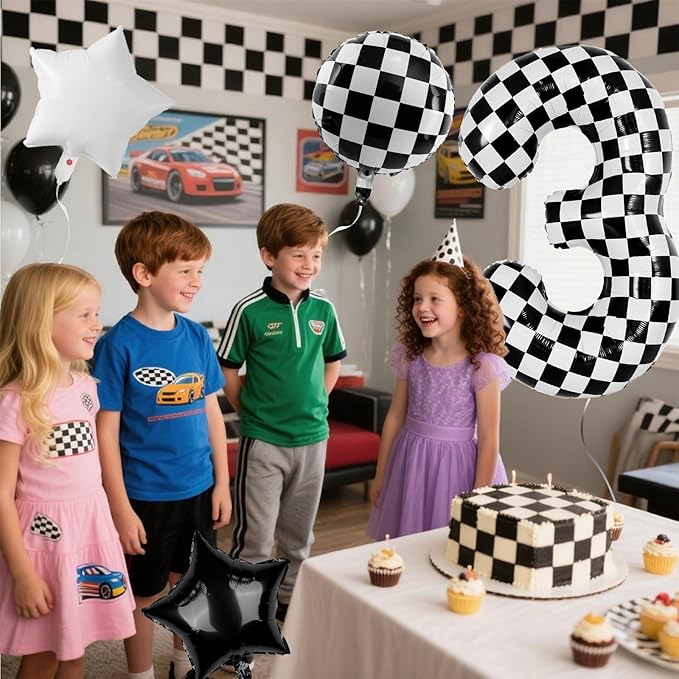 40 Inch Checkered Number Balloons 3 Black and White Foil Balloon for Girls & Boys Racing Car Theme Birthday Party Decorations, Party Supplies & Favors (Number 3)