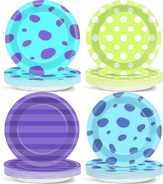 48PCS Monster Birthday Party Paper Plates for Monster Theme Party Table Supplies 7" Cartoon Blue Green and Purple Disposable Dessert Plates Tableware for Kids Birthday Baby Shower Decorations
