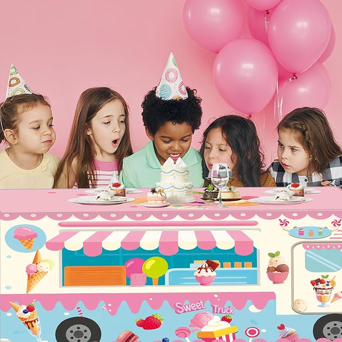 Oudain 6 ft Ice Cream Tablecloth Ice Cream Social Party Supplies Summer Decoration Sweet Dessert Cart Tablecloth 72 x 30 Inch Rectangle Table Cover for Birthday Baby Shower Party Supplies