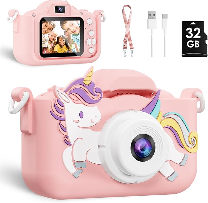 Kids Camera, Toys for Age 3-9 Year Old Toddler Digital Camera, Girls Christmas Birthday Gifts, Selfie Camera with Cartoon Soft Silicone Cover and 32GB Card (Sakura Pink)