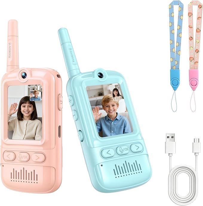 Video Walkie Talkies for Kids Rechargeable Walkie Talkies Long Range with Emoji Chat and Photo Functions Multifunctional Indoor Outdoor Toys for Kids Christmas Birthday Gifts (Pink&Blue)