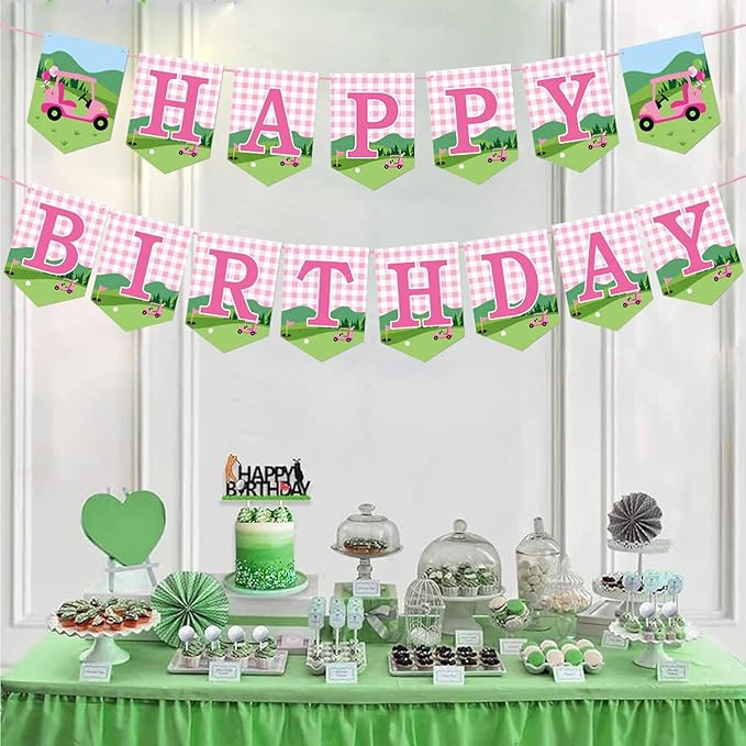 Zwiebeco Pink Green Golf Happy Birthday Banner Bunting Garland Hanging Paper Party Decorations for Girls Womens Adults Golf Sports Themed Bday Decor Accessories Supplies