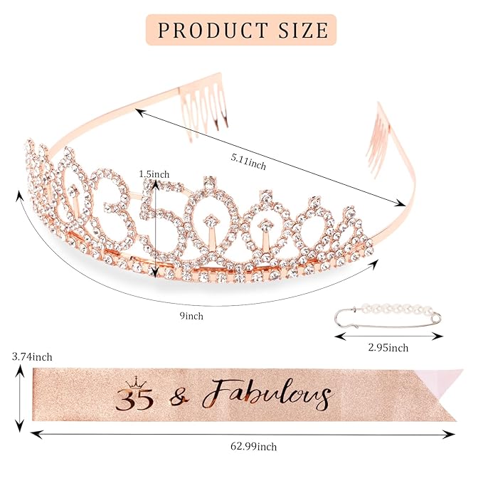 CIEHER 35th Birthday Crown & Sash Set + Tiara, Fabulous 35th Decorations & Gifts