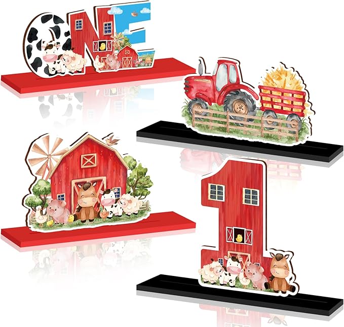 4Pcs Farm Animal One Wooden Table Centerpieces Farm Barnyard Happy 1st Birthday Table Sign Party Supplies for 1 Year Old Baby Shower Boys Girls Birthday Party Supplies Decor Photo Props Kids