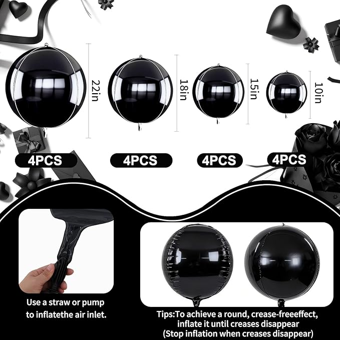 TONIFUL 16Pcs Large Black 4D Giant Round Foil Balloon 4D Mirror Metallic Mylar Sephere Balloons for Christmas New Year Birthday Party Graduation Wedding Baby Shower Decoration Supplies(Mix Sizes)