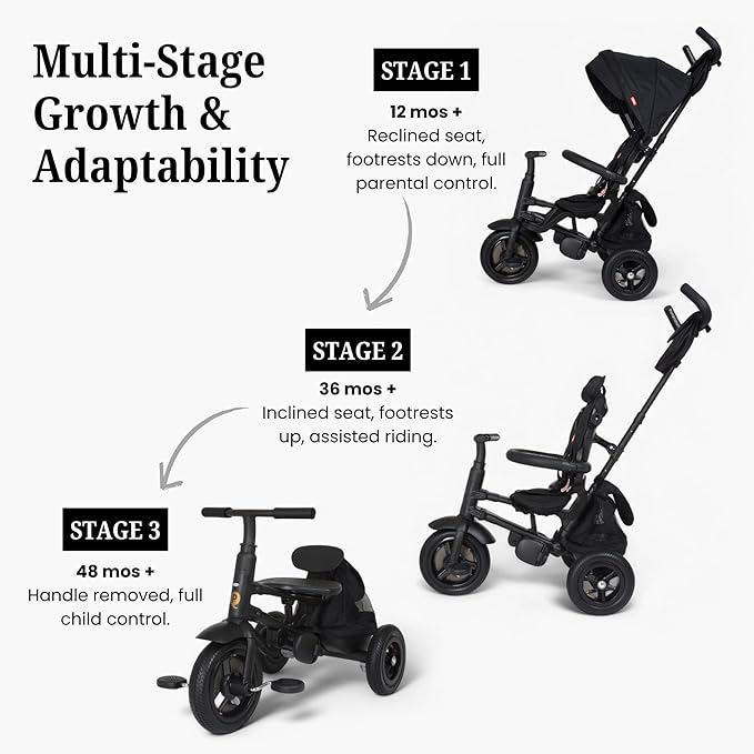 QPlay Rito - Premium Luxury Foldable Trike for Toddlers Featuring Leather touchpoints, Toddler Tricycle Stroller, Push & Fold Tricycle for Ages 12 Months to 5 Years, Midnight Edition