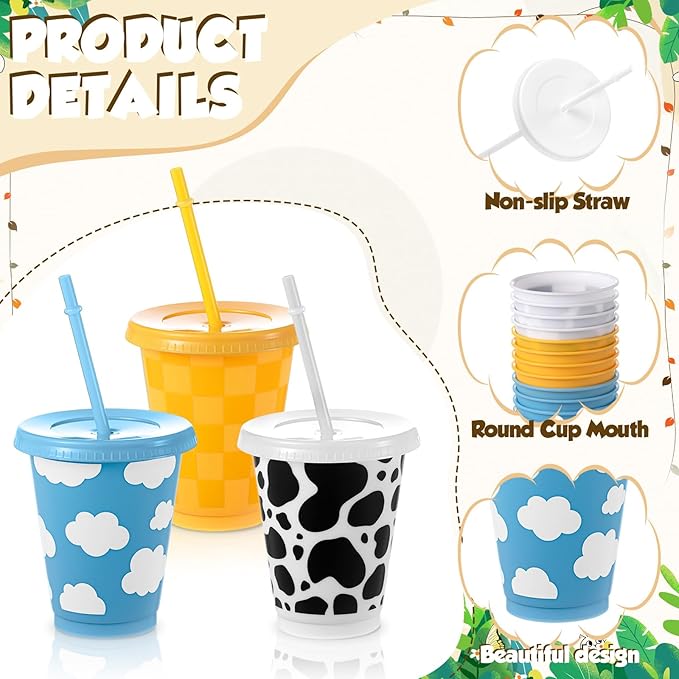 Tioncy 36 Pcs 16 Oz Cartoon Themed Party Reusable Plastic Cups Plastic Tumbler with Lid and Straw Drinking Cup Cartoon Carnival Birthday Party Supplies for Decorations