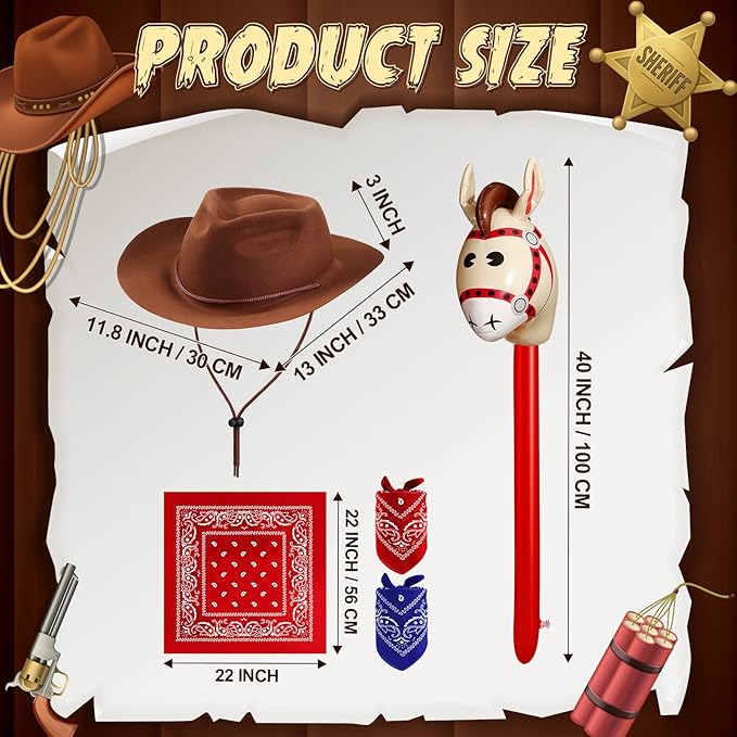 Xtinmee 36 Pcs Cowboy Party Costume Set, Cowboy Hats Paisley Bandanas Inflatable Stick Horses Kids Party Supplies