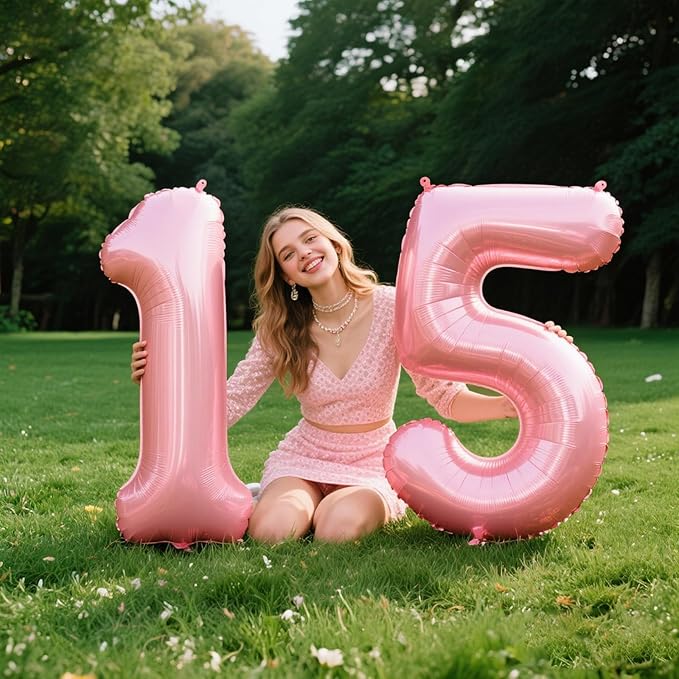 40 Inch Pearlescent Pink Number 15 Balloon Number 15 Balloon 40 Inch, 15th Birthday Party Decorations for Boy or Girl Huge Mylar Anniversary Party Supplies