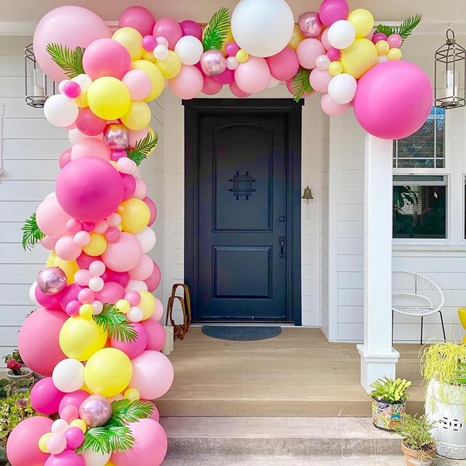 Pink and Yellow Balloons,12 Inch Maca Hot Pink Yellow Confetti Balloons with Ribbon,for Girls Peach Birthday Baby Shower Engagement Party Decorations
