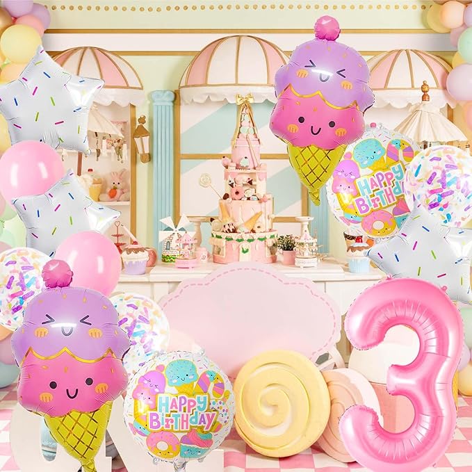 Pink Ice Cream Balloons, 3 Balloon Number, 3rd Birthday Decorations for Girls, Ice Cream Balloon for Girls Birthday Party Decoration (3)
