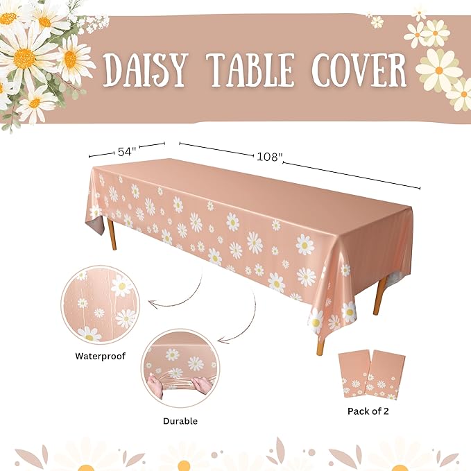 Blue Orchards Daisy Table Cover (Pack of 2) - 54"x108" XL - Boho Party Decorations, Baby Shower, Sunny and Floral Party Supplies, Daisy Theme Birthday Party