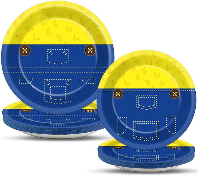 48pcs Yellow Cartoon Birthday Party Supplies Blue Jeans Paper Plates Cute Cartoons Dinner Dessert Plates Yellow Cartoon Theme Disposable Tableware for Boy Girl Birthday Baby Shower Party Decor